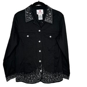 Quaker Factory Womens Rhinestone Bling Jean Jacket Size XS Black